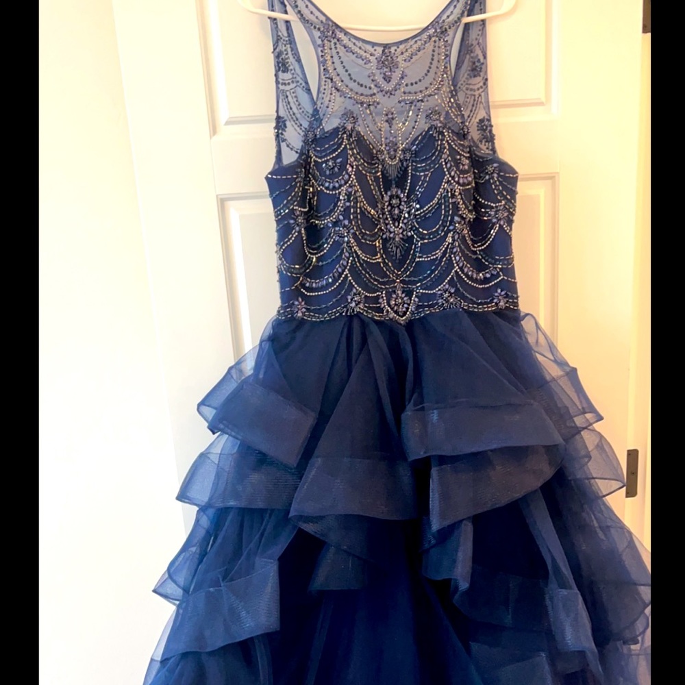 Navy beaded prom dress